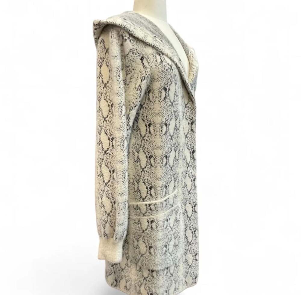 Buckle Black Snakeskin Print Open Front Long Hooded Cardigan
